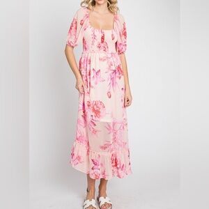 GeeGee, Pink Floral Chiffon Smocked Maxi Dress, Size S | 0206